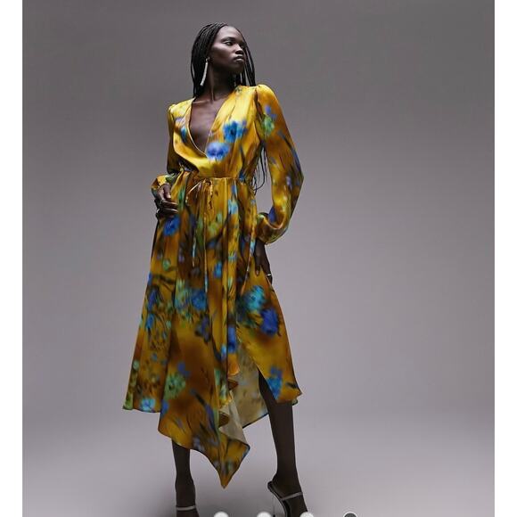 TOPSHOP Blurred Floral Waterfall Hem Wrap Midi Occasion Dress in Green and Blue - Picture 4 of 14